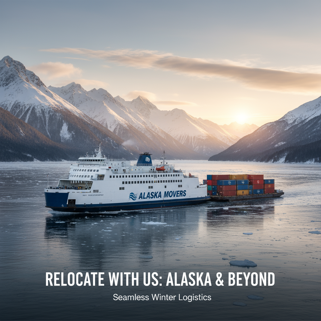Snowy Alaska neighborhood with warm-lit homes and utility icons